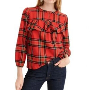 J Crew Ruffle Top in Festive tartan Plaid Red holiday holiday blouse medium